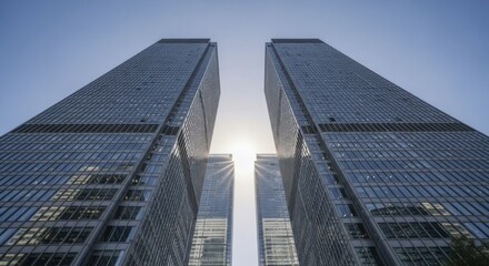 Obraz premium Multiple modern high-rise buildings tower upward toward a bright sunlit sky