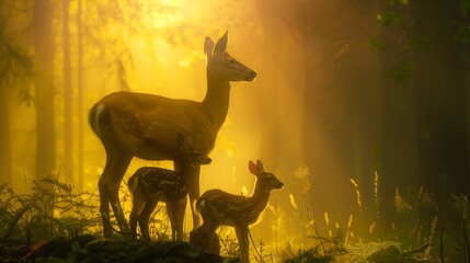 Doe and Two Fawns in Golden Light