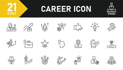 Career line icon set. Set of 21 outline icons related to career, skills, development, knowledge, success, growth and others. Editable stroke. Vector illustration.