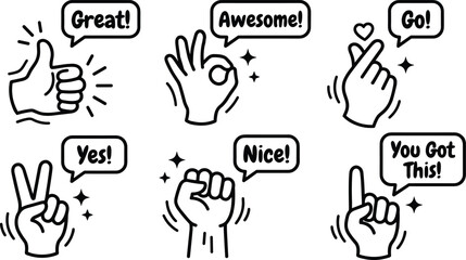 Fototapeta premium Diverse hand gestures in line art style with positive speech bubbles