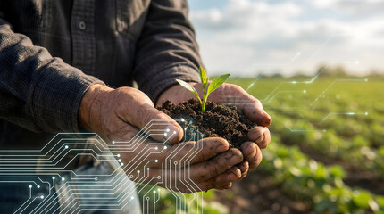 Innovative farmer nurturing new growth with tech, embodying sustainability future
