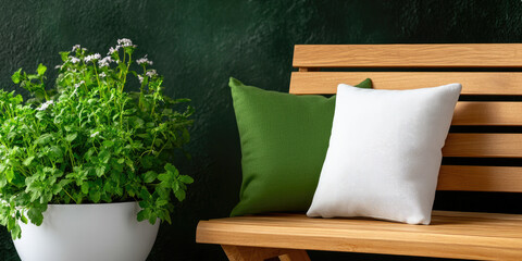 Wooden bench creating a serene spot in a garden, surrounded by diverse potted flowers and green plants, with a rough blue wall providing a minimalist and calming background