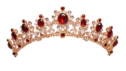 Ornate gold tiara adorned with sparkling red gemstones and diamonds on a transparent background