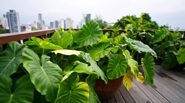Verdant leafy plants with large heart-shaped leaves in pot on wooden decking, city in background