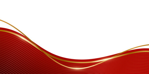 Red and gold wave frame background. Elegant wavy lines with metallic highlights curve around empty center for text placement. Luxury border template. Vector illustration.