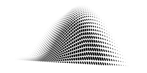 Adobe Illustrator ArtworkAbstract dotted wave. Halftone curved shape in black color isolated on white background. Curved and twisted gradients form. Trendy graphic vector illustration.