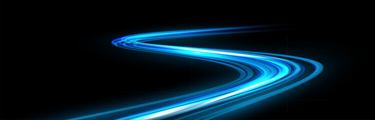 Light speed trail. Curved glowing blue wave on black background. Bright dynamic energy lines with motion blur and radiant white core. Futuristic abstract vector illustration. © Mariquita vector