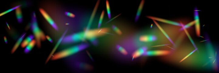 Hologram lights rainbow glow on dark background. Soft colorful streaks in abstract scene. Blurred beams and scattered reflections with smooth dynamic composition. Abstract vector illustration.