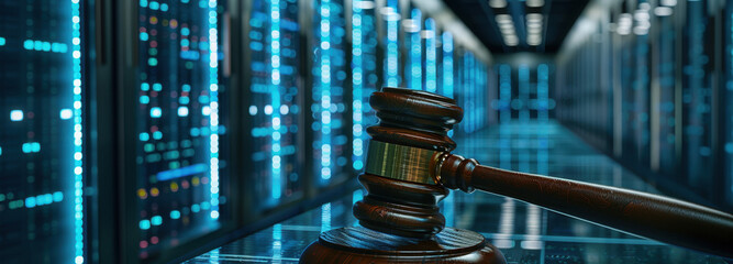 Data Security & Justice: A gavel rests atop a server room, symbolizing the intersection of data and justice. The image explores the concepts of cyber law and regulation.