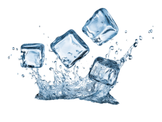 Clear ice cubes splash into water creating dynamic frozen water droplets against transparent background