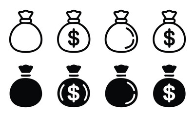 Money Bag Icon Set in Outline and Filled Styles, Vector Collection of Dollar ($) Money Sacks, Financial Symbols: Money Bags with and without Dollar Signs