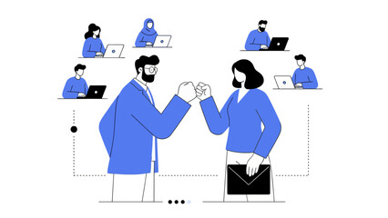 Fist Bump for Success Remote Business Collaboration and Digital Partnership. Global Teamwork and Online Communication Concept Illustration