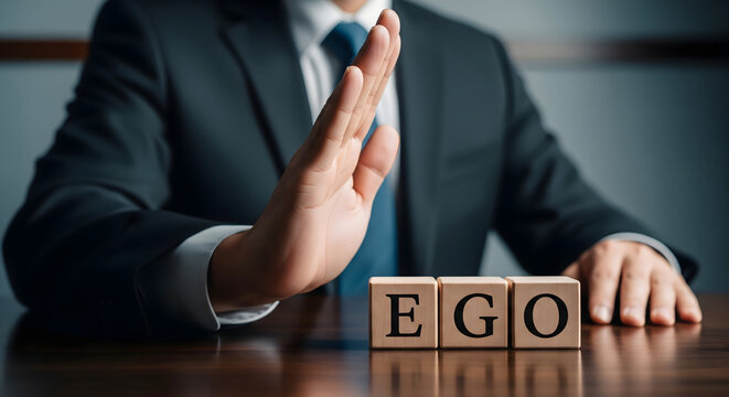 Man rejecting ego in business leadership for team success and collaboration - Powered by Adobe