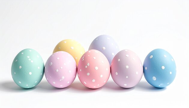 Cluster of six pastel Easter eggs with white polka dots on white background, casting soft shadows.