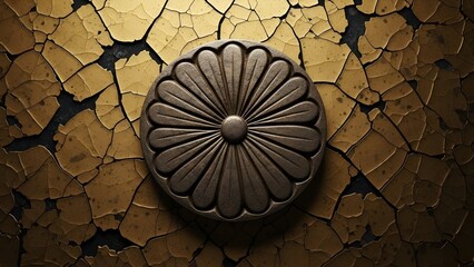 Antique Japanese Chrysanthemum Mon floral emblem on cracked gold texture background