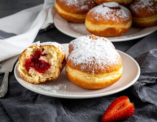 Delicious jam-filled donuts dusted with powdered sugar perfect for a sweet treat or celebration