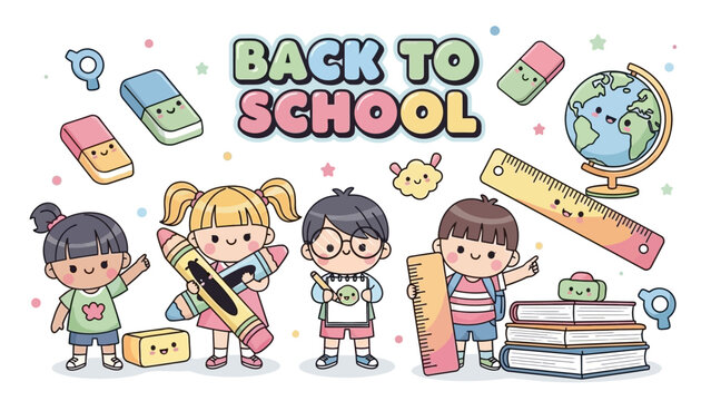Back to School Cheerful Kids with School Supplies Illustration