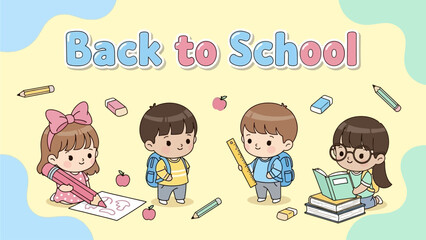 Adorable Cartoon Children Excitedly Preparing for Their First Day Back to School with Supplies and Books