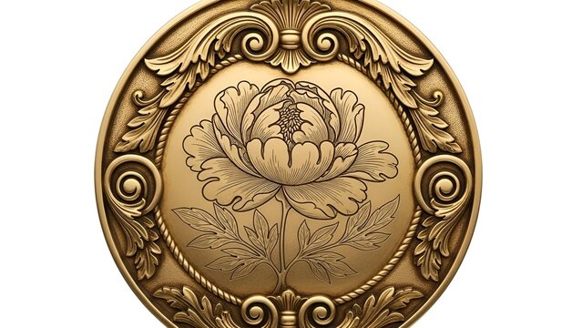 Ornate gold medallion with an engraved peony flower and baroque acanthus leaf frame, isolated on a white background