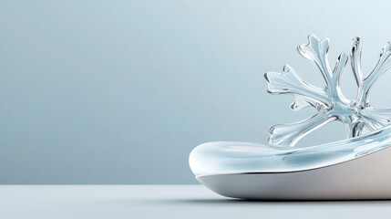 Clear glass snowflake sculpture emerging from a transparent liquid surface, symbolizing winter elegance, modern holiday design, and festive season minimalism