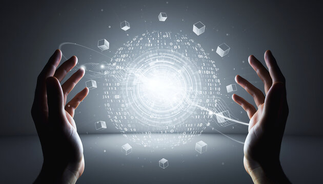 Digital Universe at Your Fingertips: A pair of hands cradles a luminous digital sphere, hinting at innovation, connectivity, and the boundless possibilities of the modern age.