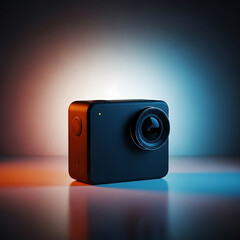 A sleek black action camera with a wideangle lens on a reflective surface.