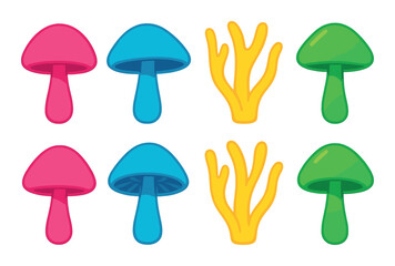 Fototapeta premium Colorful neon mushrooms and coral pattern on striped background