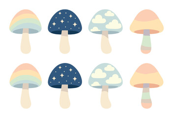 Whimsical glowing mushrooms with rainbow, stars, clouds, and soft pastel colors