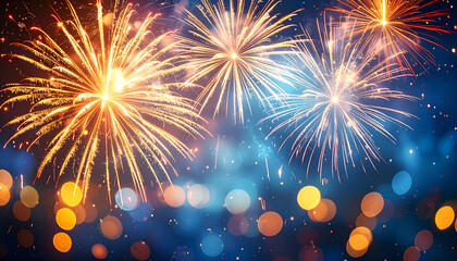 Fototapeta premium Golden fireworks bursting in a vibrant night sky with glowing bokeh lights, creating a festive celebration scene.