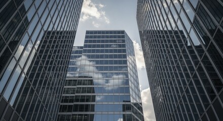 Multiple modern glass skyscrapers ascend toward a bright sky with scattered clouds