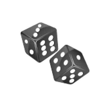 Halftone illustration of two rolling dice with dotted texture, symbolizing luck, chance, gambling, and gaming.