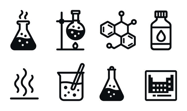 Scientific icon set featuring laboratory equipment and chemical symbols