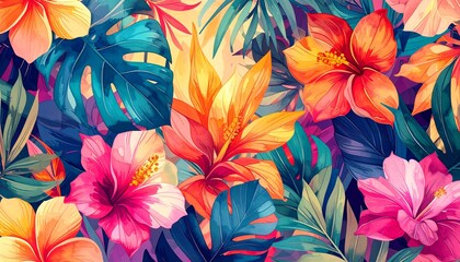 Obraz premium Vibrant tropical flowers seamless pattern with exotic botanical elements for textile design and digital backgrounds.