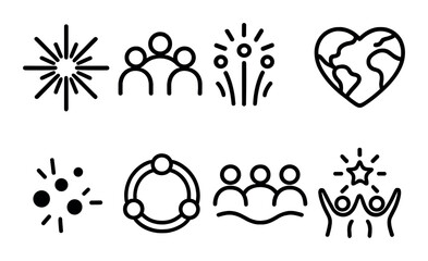 Black outline icons of group activities and earth heart against olive background