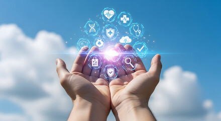 Digital Healthcare and Medical Technology: Hands Holding Innovative Health Icons