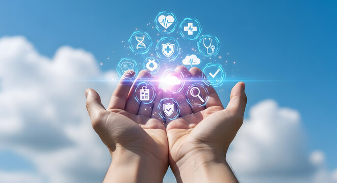 Digital Healthcare and Medical Technology: Hands Holding Innovative Health Icons