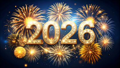 Glittering gold 2026 text with bright fireworks exploding in the background, creating a festive New Year celebration scene.