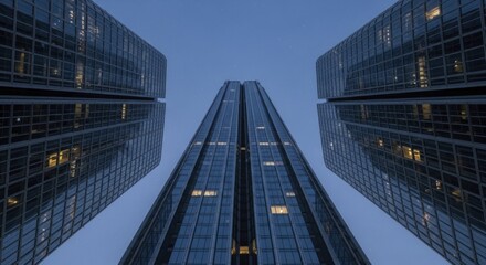 Three contemporary high rise office buildings converge towards the twilight sky.