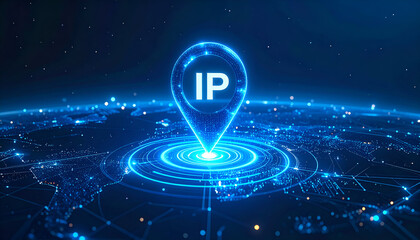 IP address locator icon on a digital map with neon circuits, highlighting tracking, data flow, and internet systems.