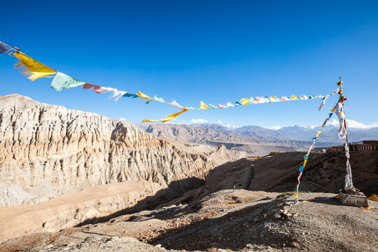 High mountain pass with flags, Upper Mustang, Nepal