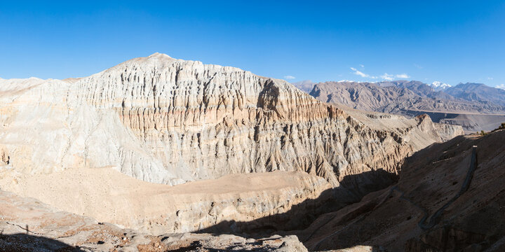 Panoramic of arid valley and mountains, Upper Mustang region, Nepal