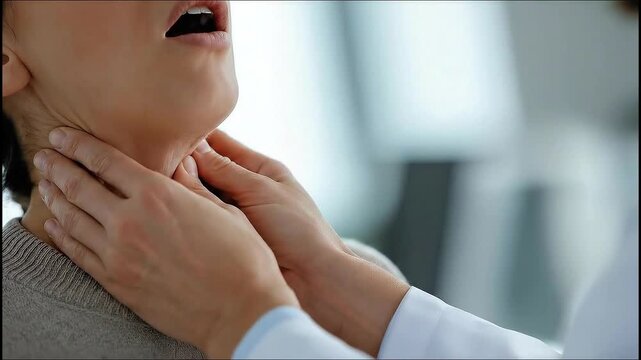 a doctor performing a thyroid examination on a patient, hands gently palpating the neck, bright modern clinic interior, video