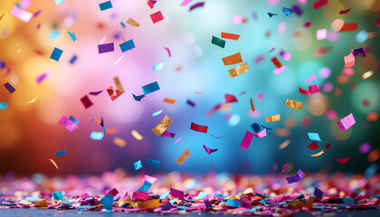 Colorful confetti falling against a blurred background, creating a joyful and festive celebration atmosphere.