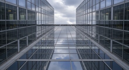 Symmetrical architecture features towering office structures with reflective glass facades meeting overhead