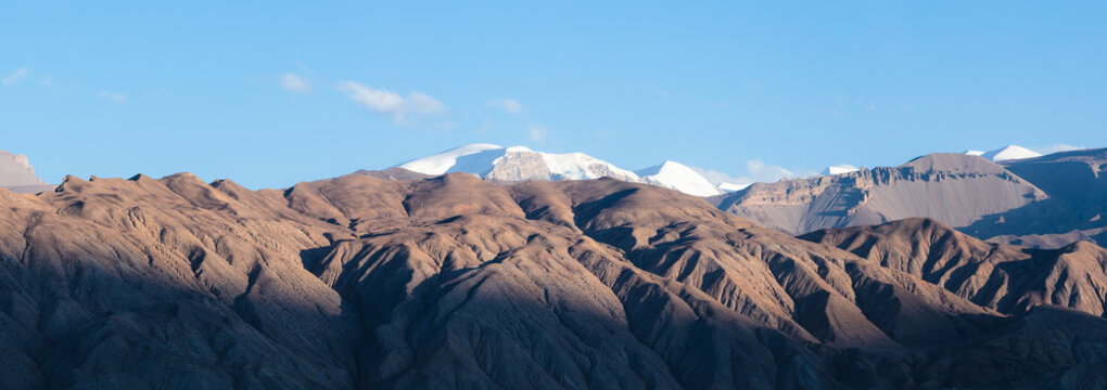 Panoramic of mountain peaks at sunset, Upper Mustang, Nepal