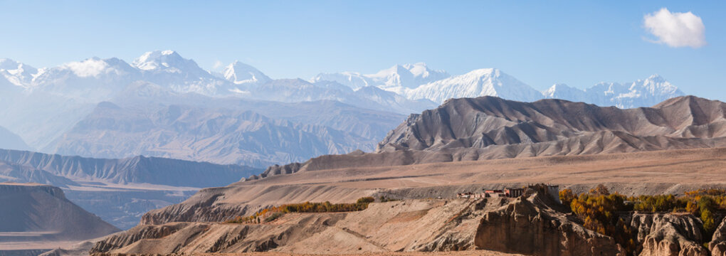 Panoramic of arid valley and mountains, Upper Mustang region, Nepal