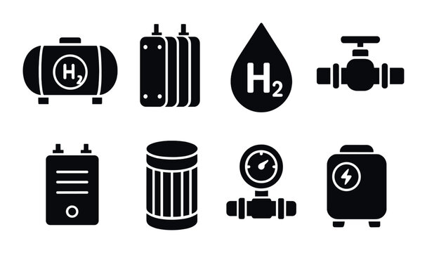 Hydrogen energy icons: hydrogen tank, fuel cell, valve, pressure gauge, battery