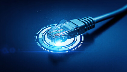 Digital Link: A close-up shot of an ethernet cable, glowing with a soft blue light, connecting to an abstract digital symbol, implying connectivity and data transfer.