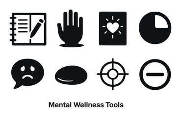 Icons illustrating mental wellness tools and practices