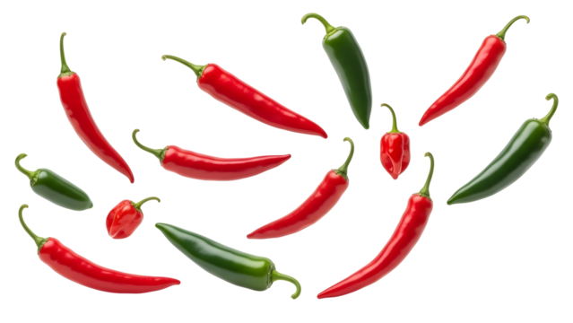 Spicy red and green chili peppers in a dynamic composition perfect for illustrating hot culinary ingredients and food flavorings